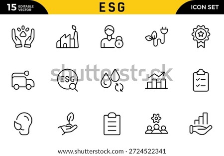 ESG icon Outline set. Environmental, Social, and Governance line icon. ESG outline icons collection. Includes Sustainability, Solar Panel. Thin outline icons pack. Vector illustration