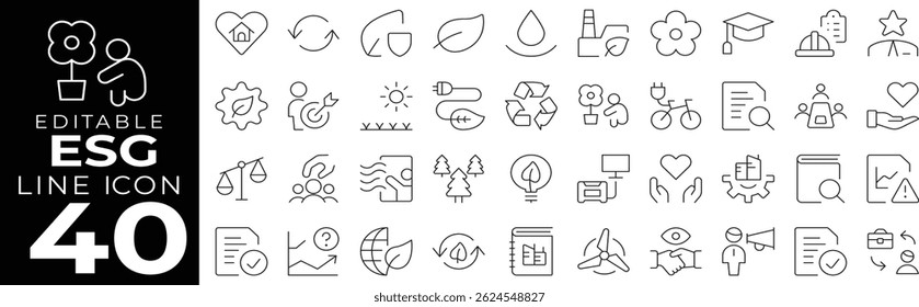 ESG icon set with editable stroke. Environment social governance thin line icon collection. Vector illustration