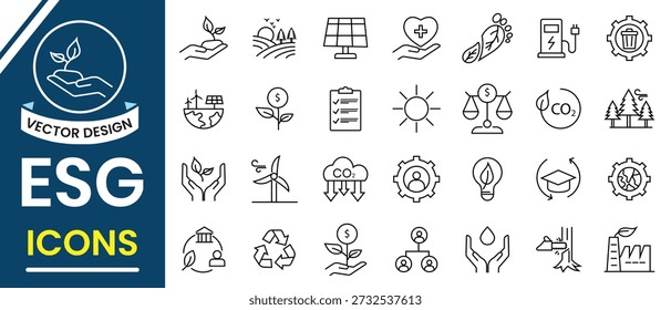 ESG icon set. Environmental, Social, and Governance line icons. Set of 28 outline icons related to ESG, solar, windmill, ecology, sustainabil and more. Vector illustration.