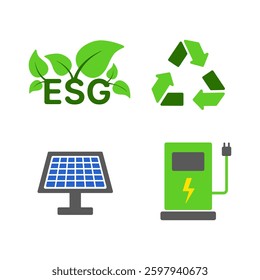 ESG Icon Set representing Sustainability and Renewable Energy with Symbols of Recycling Solar power EV Charging and Environmental Responsibility promoting a Greener and Eco-Friendly Future