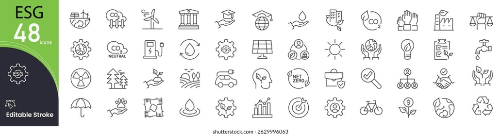 Conjunto de ícones do ESG. Sustentabilidade e responsabilidade corporativa relacionados aos ícones de linha: meio ambiente, ética, governança, impacto social, conformidade, reciclagem, energia verde, transparência e relatórios.