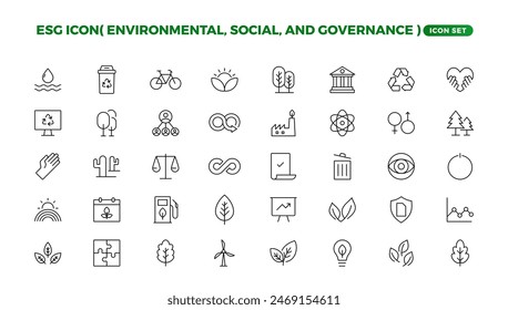 ESG icon set,Environmental, Social, and Governance line icon. ESG outline icons with editable stroke collection. Includes Sustainability, Solar Panel, Recycling, Green City, vector illuatration.