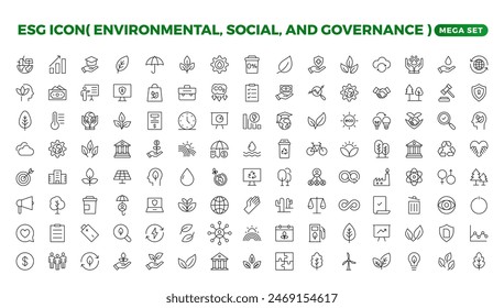 ESG icon set,Environmental, Social, and Governance line icon. ESG outline icons with editable stroke collection. Includes Sustainability, Solar Panel, Recycling, Green City, vector illuatration.