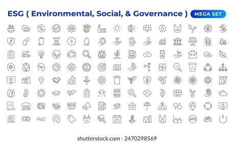 ESG icon set,Environmental, Social, and Governance line icon. ESG outline icons with editable stroke collection. Includes Sustainability, Solar Panel, Recycling, Green City, vector illuatration.