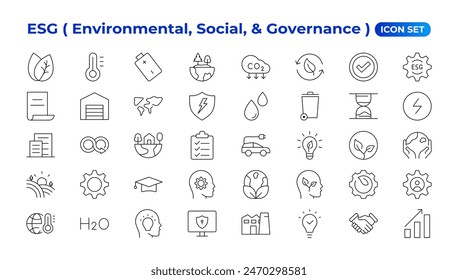 ESG icon set,Environmental, Social, and Governance line icon. ESG outline icons with editable stroke collection. Includes Sustainability, Solar Panel, Recycling, Green City, vector illuatration.
