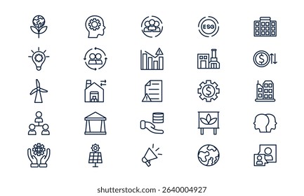 ESG icon symbolizing environmental responsibility, social impact, and corporate governance in outline style