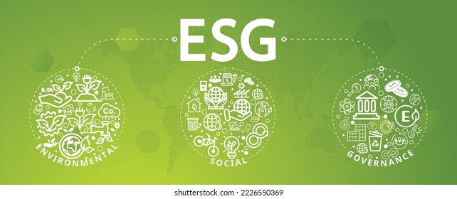 Icono de ESG concepto de ilustración vectorial para medio ambiente, social y gobernabilidad en redes de negocios sostenibles y éticas sobre fondo verde Web y Banners de cabecera social para ESG