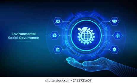 Icono ESG en mano de wireframe. Concepto de Gobernanza Social Ambiental en pantalla virtual. Conservación del medio ambiente en el futuro y desarrollo de la modernización de los ESG. Ilustración vectorial.