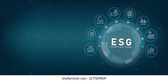 ESG icons for environment, society and governance in sustainable and ethical business concept on network connection on green vector background.