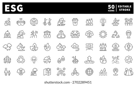 Esg icons set. editable line icons, outline, sustainability and environment symbols