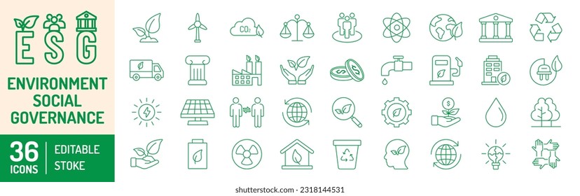 ESG-Symbole gesetzt. Umwelt, Soziales, Regierungsführung, Erde, Nachhaltigkeit, Entwicklung, Errungenschaften und ökologisch. Vektorgrafik