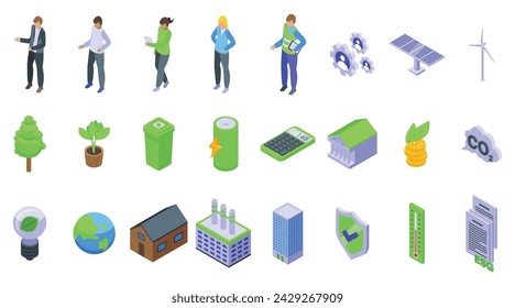 Esg icons set isometric vector. Social corporate. Economy energy ecology