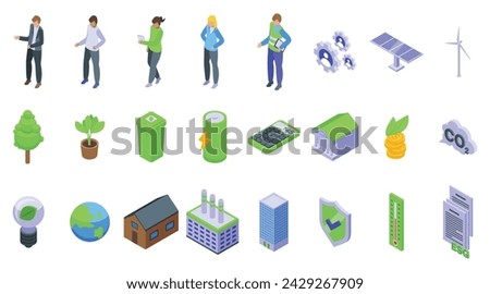 Esg icons set isometric vector. Social corporate. Economy energy ecology