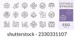 ESG icons, such as environment social governance, ecology, financial performance, sustainable developmen and more. Editable stroke.