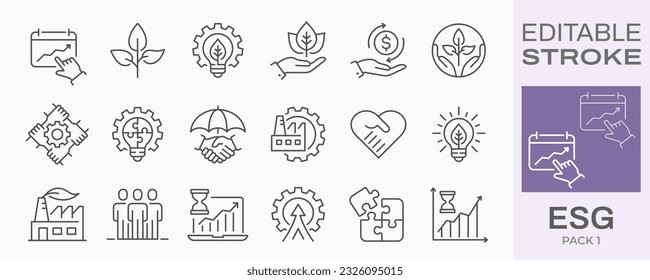 ESG icons, such as environment social governance, risk management, financial performance, sustainable developmen and more. Editable stroke.