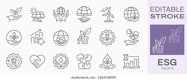 ESG icons, such as environment social governance, risk management, financial performance, investor demand and more. Editable stroke.