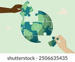 ESG illustration. Environmental social and governance vector. Two hands, representing diversity, collaborate to complete a puzzle shaped like the Earth. Global cooperation for a sustainable future