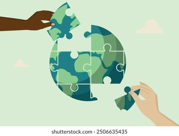 ESG illustration. Environmental social and governance vector. Two hands, representing diversity, collaborate to complete a puzzle shaped like the Earth. Global cooperation for a sustainable future