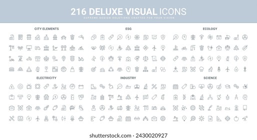 ESG, industria y ecología, ciencia, producción de electricidad y línea de consumo iconos conjunto. Gobernanza social ambiental, infraestructura de la ciudad y edificios delgados símbolos negros ilustración vectorial