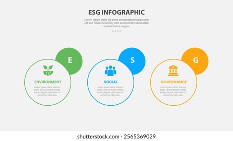 ESG infographic outline style with 3 point template with horizontal circle and badge on side for slide presentation vector