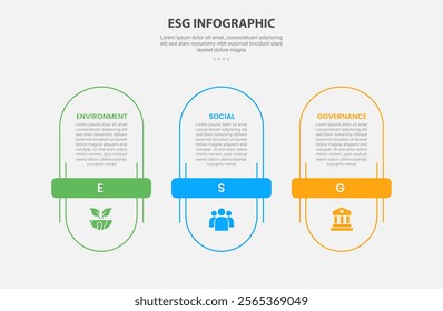 ESG infographic outline style with 3 point template with vertical round rectangle with horizontal title badge for slide presentation vector