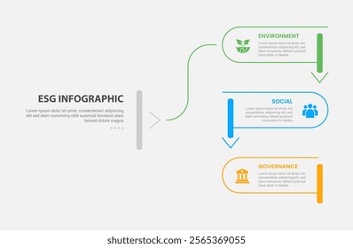 ESG infographic outline style with 3 point template with round rectangle line with slice and arrow bottom direction for slide presentation vector