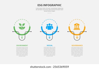 ESG infographic outline style with 3 point template with creative circle with line accessories on horizontal layout structure for slide presentation vector