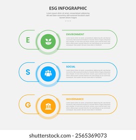 ESG infographic outline style with 3 point template with long round rectangle shape with stack vertical layout for slide presentation vector