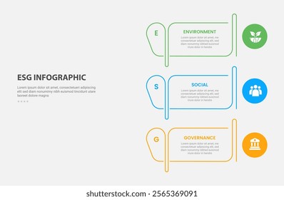 ESG infographic outline style with 3 point template with creative table outline and circle on edge for slide presentation vector