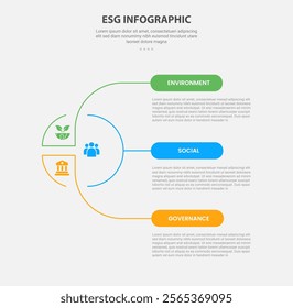 ESG infographic outline style with 3 point template with creative circle and link connection spreading for slide presentation vector