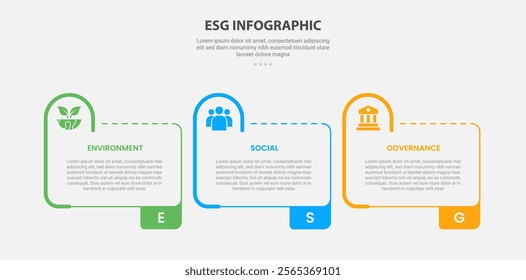 ESG infographic outline style with 3 point template with creative table box with half circle round on header for slide presentation vector