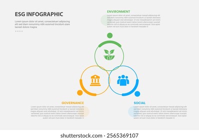 ESG infographic outline style with 3 point template with big circle cycle circular create triangle pyramid for slide presentation vector