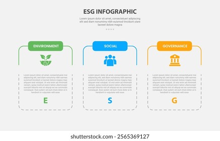 ESG infographic outline style with 3 point template with slice table box container with dotted line for slide presentation vector