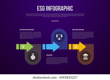 PLANTILLA de infografía ESG con gran flecha hacia la derecha en línea Horizontal con estilo de fondo oscuro con 3 puntos para el Vector de presentación de diapositivas