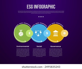 ESG Infografik-Vorlage mit großen Kreis-Stack-Umriss mit dunklem Hintergrund-Stil mit 3-Punkt-für-Folie-Präsentation-Vektorgrafik