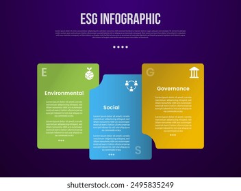 PLANTILLA de infografía ESG con gran caja de contenedores apilando con estilo de fondo oscuro con 3 puntos para el Vector de presentación de diapositivas
