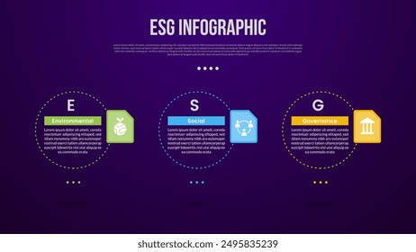 ESG infographic template with big outline circle dotted horizontal with dark background style with 3 point for slide presentation vector