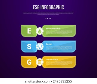 ESG Infografik-Vorlage mit großem scharfen Rechteck-Container vertikaler Stapel mit dunklem Hintergrund-Stil mit 3-Punkt für Diapräsentations-Vektorgrafik