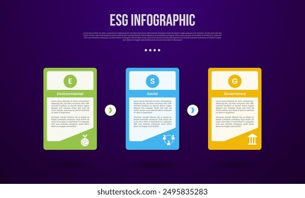 ESG infographic template with big table box with creative accessories on right bottom with dark background style with 3 point for slide presentation vector
