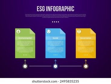ESG infographic template with box container on timeline linked connection with dark background style with 3 point for slide presentation vector