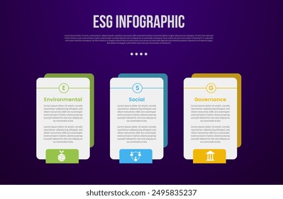 PLANTILLA de infografía ESG con caja creativa con contorno circular en la parte superior con estilo de fondo oscuro con 3 puntos para Vector de presentación de diapositivas