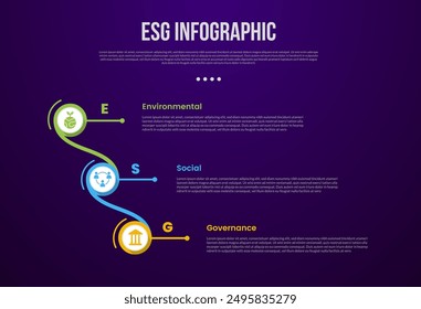 ESG Infografik-Vorlage mit Kreativkreisanbindung und verknüpftem vertikalen Stack mit dunklem Hintergrundstil mit 3-Punkt für Diapräsentations-Vektorgrafik