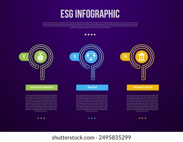 ESG infographic template with creative circle outline and round rectangle box with dark background style with 3 point for slide presentation vector