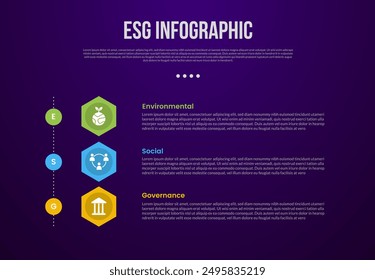 PLANTILLA infográfica ESG con pila de Vertical de forma hexagonal creativa con estilo de fondo oscuro con 3 puntos para Vector de presentación de diapositivas