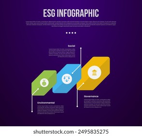 ESG infographic template with creative rotated hexagon with line pointing direction with dark background style with 3 point for slide presentation vector