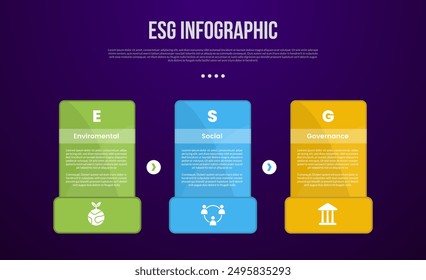 PLANTILLA de infografía ESG con tabla creativa con fondo de pie grande en negrita con estilo de fondo oscuro con 3 puntos para Vector de presentación de diapositivas