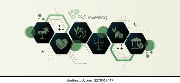 ESG investing banner background. Social environmental governance icon set. Sustainable, responsible ethical company rating.