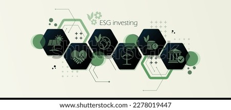 ESG investing banner background. Social environmental governance icon set. Sustainable, responsible ethical company rating.