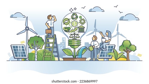 ESG investing with environmental social governance project outline concept. Nature friendly investments with renewable energy and ecological electricity power production business vector illustration.