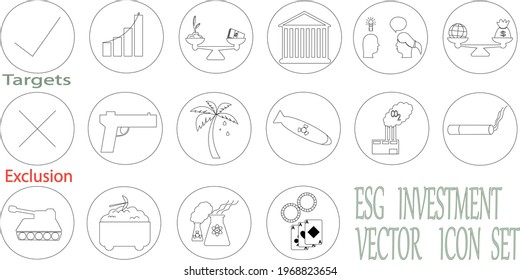 ESG Investment Vector Icon Set. Investing Targets And Exclusion Criteria Icons For Sin Stocks. Balanced Scale With Money. Environment, Social And Governance Aspects Included. 